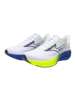   MIZUNO Wave Rider 29 Homme – White/Estate Blue/Lightning Yellow | Amorti réactif & propulsion