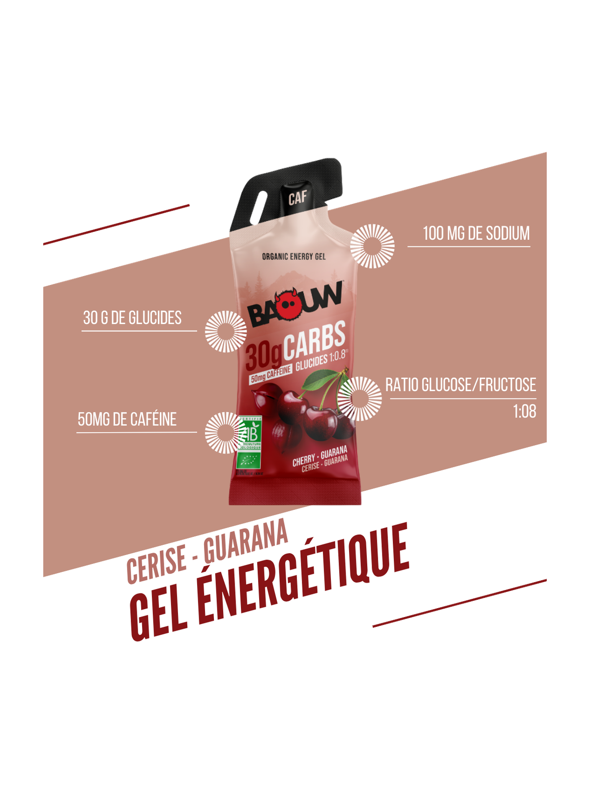 Gel Énergétique Cerise & Guarana Bio Baouw - Stick Caféiné 44g