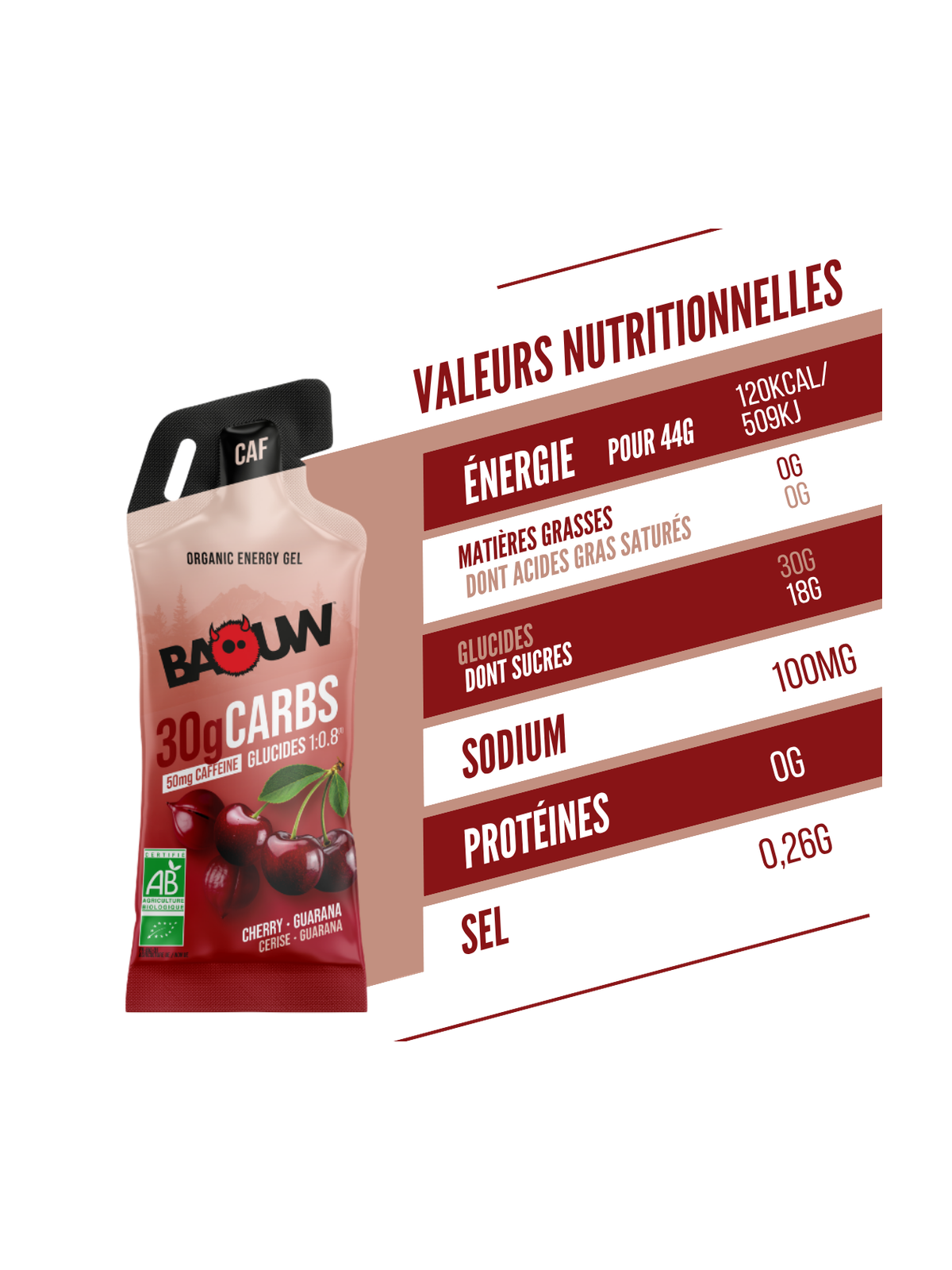 Gel Énergétique Cerise & Guarana Bio Baouw - Stick Caféiné 44g
