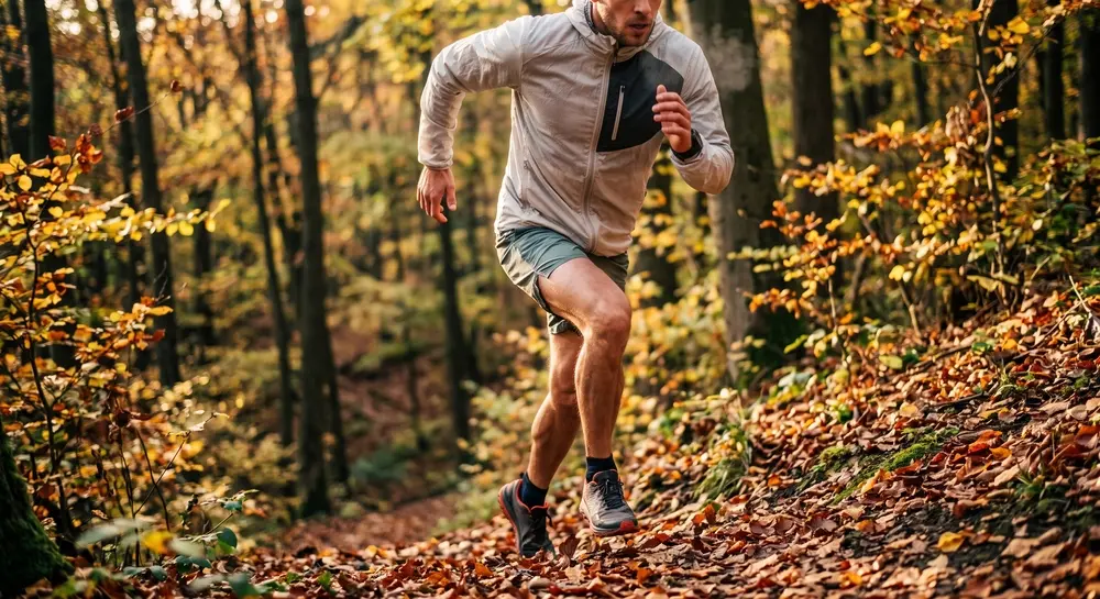 Coureur masculin en plein effort lors d'une séance de côtes escarpée en forêt d'automne, illustrant la puissance musculaire.