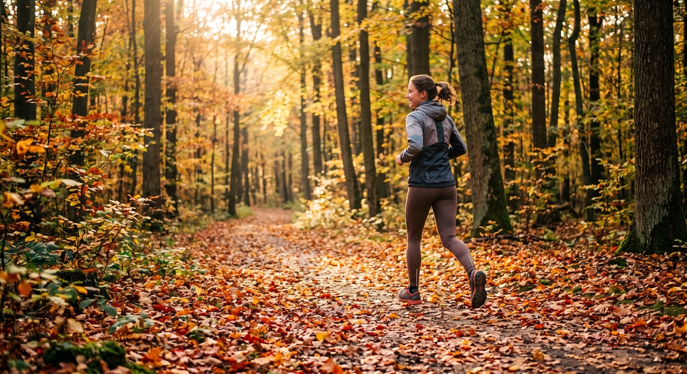 Coureuse dynamique en forêt d'automne lors d'une séance d'aérobie à l'heure dorée, Boutique Marathon.