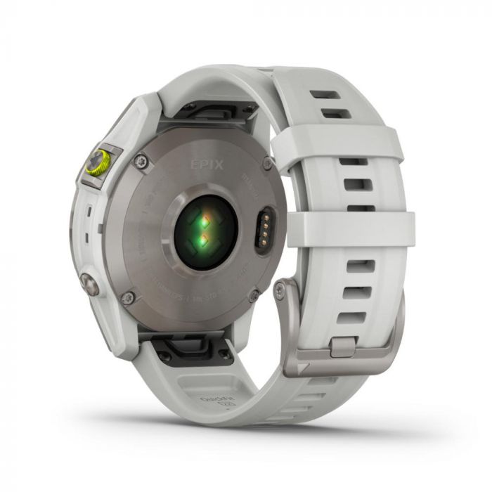 Montre GPS Multisport connectée avec écran AMOLED epix (Gen 2) Sapphire  Titane Silver avec bracelet Silicone blanc